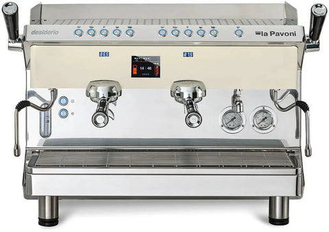 Front view of Pro Grade 3 Group Espresso Machine With Deep Crema Pump Pressure Gauge 3 Digit Touch Display Dispensing Counter