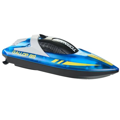 Blue and yellow remote control boat with LED night light and waterproof hull for pools and lakes.
