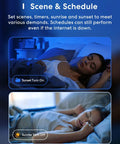 Scenes and schedules for Smart LED Strip Lights 32.8ft RGB WiFi showing sunset and sunrise settings with relaxed users