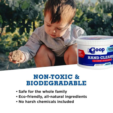 Child with dirt in hand next to Grime Busting Hand Cleaner And Stain Remover Waterless Degreaser for skin and clothes, non-toxic.