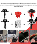 Premium T30 Torx Engine Splash Shield Fastener Clip Kit showing installation steps with black screws and red nylon retainers.