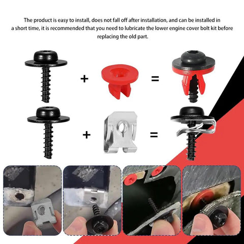 Premium T30 Torx Engine Splash Shield Fastener Clip Kit showing installation steps with black screws and red nylon retainers.