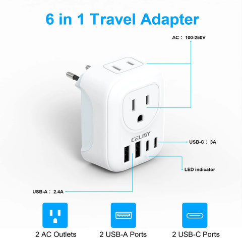 Six In One European Travel Plug Adapter With Two AC Outlets And Four USB Ports Including Two USB C, LED Power Indicator shown