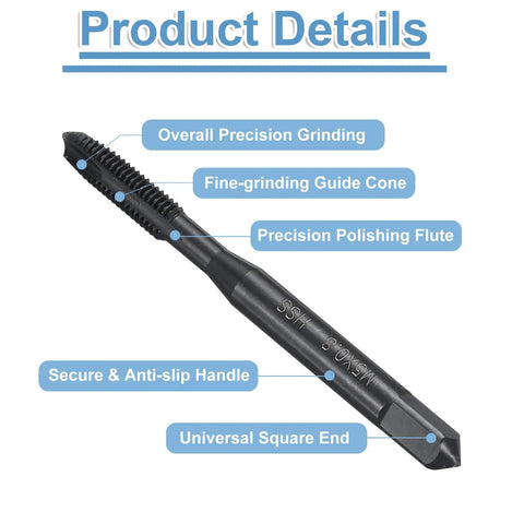 Heavy Duty No Nonsense M5x0.8 Spiral Point Metric Taps 6 Piece Kit displaying precision grinding features, anti-slip handle, and square end.