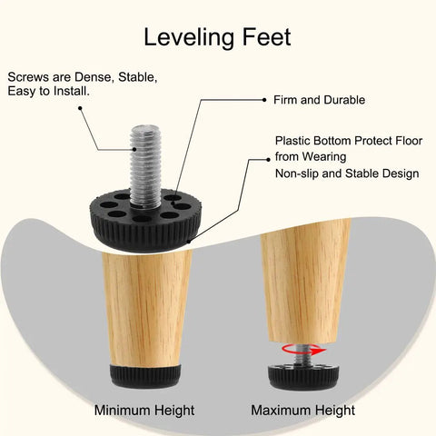 Illustration of 4 Pack M10 Adjustable Leveling Feet Screw On Floor Protectors with labeled features, 25mm Thread Length, 35x11mm Base
