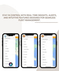 Badass Magnetic GPS Asset Tracker With Rock Solid 10000 Mah Battery For Plug And Play Real Time Location Monitoring And Sleek Waterproof Build Reliably Ready To Roll displayed on three smartphones showing tracking interface.