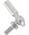 Heavy Duty Steel Right Hand Female Heim Joint Rod End With Stud, Zinc Plated Two Piece Construction For 1/4 Inch 1/4-28 Threads, angled view of the right hand rod end with stud.