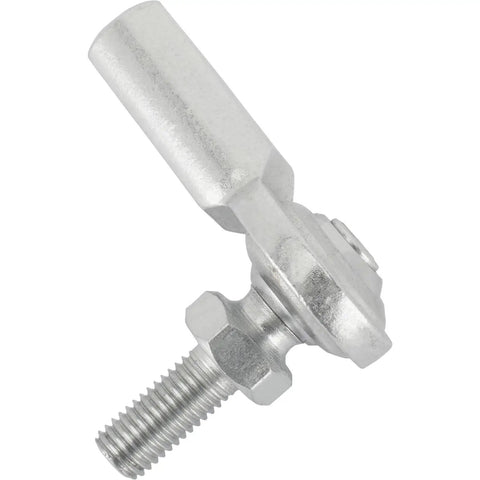 Heavy Duty Steel Right Hand Female Heim Joint Rod End With Stud, Zinc Plated Two Piece Construction For 1/4 Inch 1/4-28 Threads, angled view of the right hand rod end with stud.
