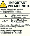 Important voltage note for product compatibility, 110V for US, Canada, Japan and 220V for Europe, most of Asia. Warning sign included.