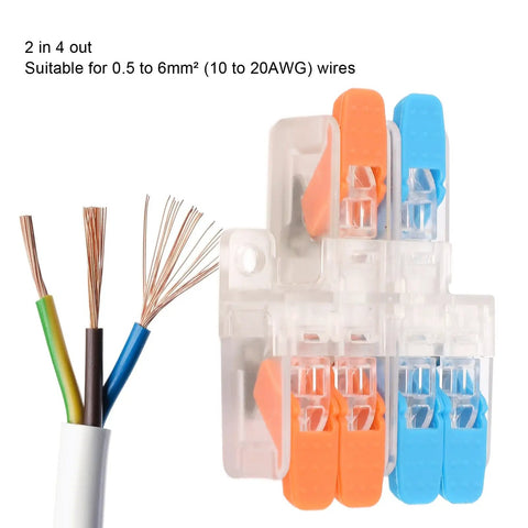 Front view of 10 Pack Lever Wire Nut Connectors 2 In 4 Out Quick Wiring Connector Set 0.5 To 6mm² Copper Conductor 41A 450V