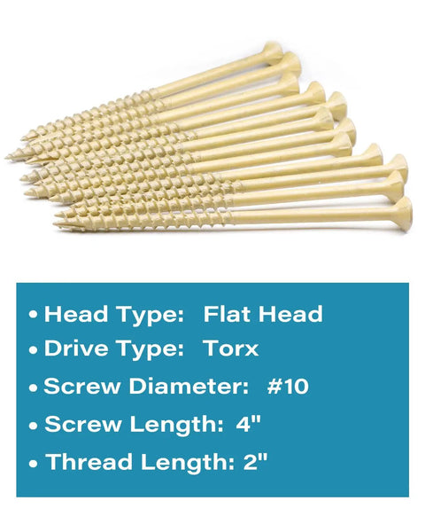 Heavy Duty Deck Screws And Exterior Wood Fasteners For Pressure Treated Lumber, 4 inch carbon steel screws with tan coating.