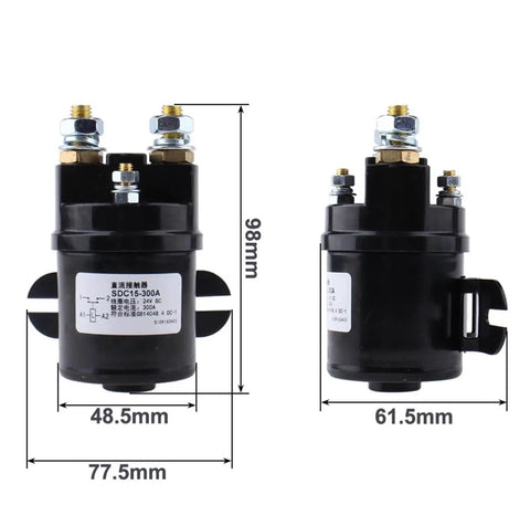 Heavy Hitter DC Contactor Normally Open Switch 100A 200A 300A with measurements for electric trucks and engineering machinery.