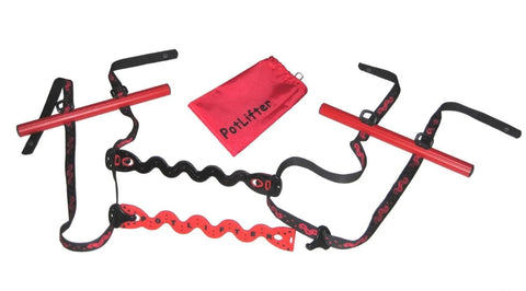 PotLifter plant mover kit with red lifting bars, black adjustable straps and red carry bag, front view