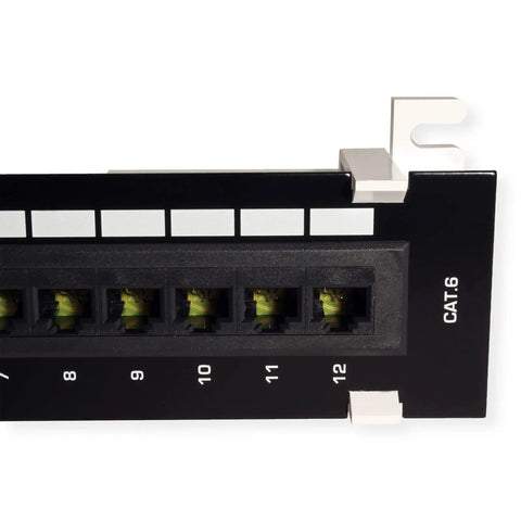 12 Port Cat6 Unshielded Patch Panel Wall Mount With Included 89D Bracket For Vertical Or Horizontal Install, close-up view