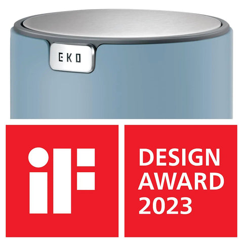 Top view of Ultra Compact 1.5L Mini Tabletop Trash Can With Swing Lid For Bathroom Vanity showing award and logo