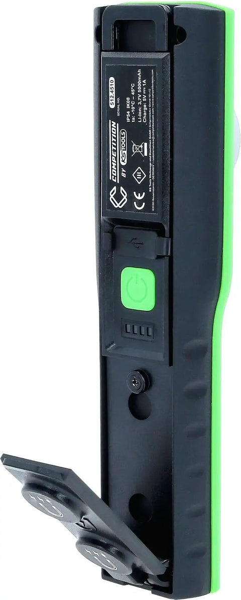 Heavy Duty Led Work Light With Plug And Play Charging Station Dimmable Pro Grade, showing side view with buttons and charging port.
