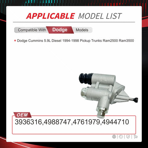 Diesel Fuel Lift Pump For Ram 2500 3500 Pickup With Cummins 5.9L 12V Engine, 1994-1998 Compatible Dodge Ram Models