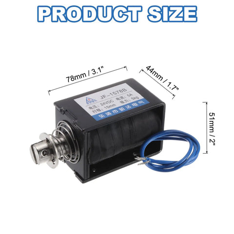 DC 24V 5A Solenoid Electromagnet With Push Pull Type For Precise Linear Motion, 50N Holding And Push Force, 15mm Stroke, Open Frame Actuator, Ideal For Vending Machines, Automation, JF-1578B Magnet showing 78x44x51mm size