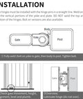 Installation diagram for 7 Inch Heavy Duty Gate Hinges With Grease Zerk Lubricable Bearings For Bolt Or Weld On Gates Up To 1000 Lbs Black