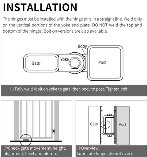 Installation diagram for 7 Inch Heavy Duty Gate Hinges With Grease Zerk Lubricable Bearings For Bolt Or Weld On Gates Up To 1000 Lbs Black