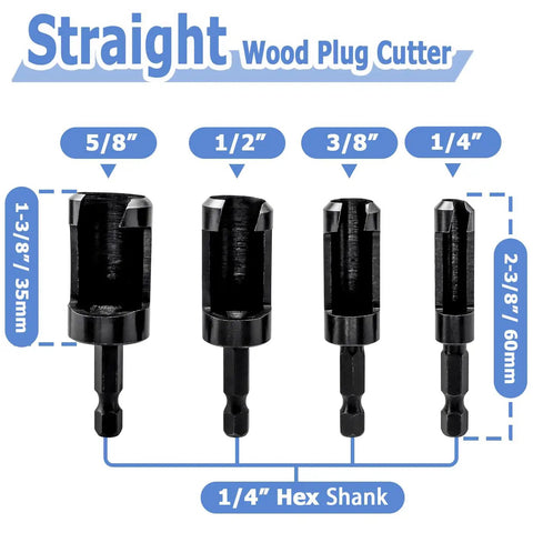Straight Wood Plug Cutter Drill Bits Set sizes 1/4, 3/8, 1/2, 5/8 with 1/4" Hex Shank for woodworking.