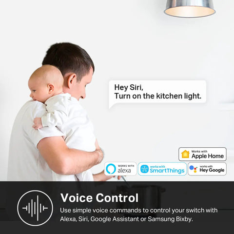 Man using HomeKit Smart Light Switch Single Pole 2.4GHz WiFi No Hub Needed Neutral Wire Required 3 Pack with voice control