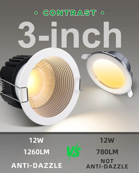 zouzai 3 Inch LED Recessed Lights Anti-Glare, 5CCT, Dimmable, White 4 Pack comparison of anti-dazzle and not anti-dazzle models.