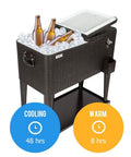 80 Quart Rolling Ice Chest On Wheels Portable Patio Party Bar Drink Cooler Cart With Wicker PP Rattan Shelf Keeps Cold 48 Hours And Warm 8 Hours For Outdoor Barbecues And Poolside Entertaining With Bottle Opener shown with ice and bottles