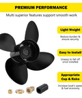 Fourteen Point Two Five Inch Diameter 19 Pitch Four Blade Aluminum Outboard Propeller For Mercury And Mercruiser Sterndrives 135 150 175 200 220 225 250 300 HP Right Hand Rotation Hub Kits Included Fifteen Tooth with installation features
