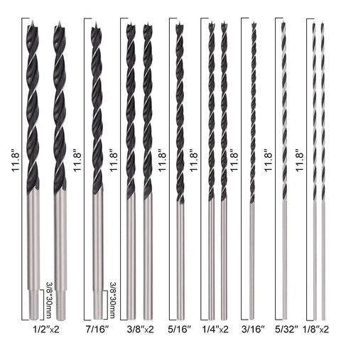 12 Inch Extra Long Brad Point Drill Bit Set 12 Pc Pro Grade High Carbon Steel Long Bits For Wood Plastic PVC Composite And Rubber