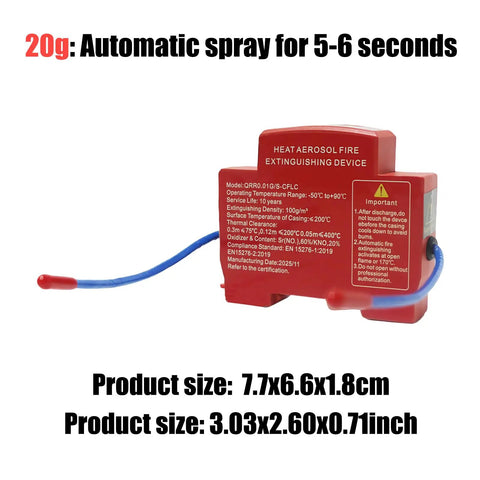 5 Pack Automatic Fire Extinguisher Guide Rail Mount Thermal Sensor Heat Activated Aerosol Suppression System 20g device with blue wire and measurements.