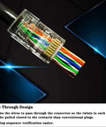 RJ45 Cat6 Cat5 Pass Through Ethernet Connectors Gold Plated 8P8C Plug showing internal wire arrangement