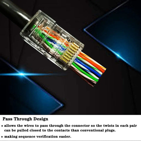 RJ45 Cat6 Cat5 Pass Through Ethernet Connectors Gold Plated 8P8C Plug showing internal wire arrangement