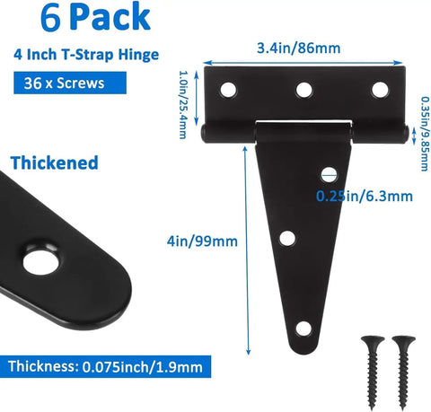 Top Shelf 6 Pack Of 4 Inch T Strap Hinges Straight Up Built Tough Gate Hardware With Included Screws Rock Solid Barn Door And Shed Mounts Rust Proof Black Finish, 4 inch hinge with screws.