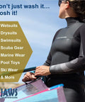 Person in wetsuit with Slosh Wetsuit Cleaner And Conditioner For Water Sports Gear, Naturally Green Formula visible in text