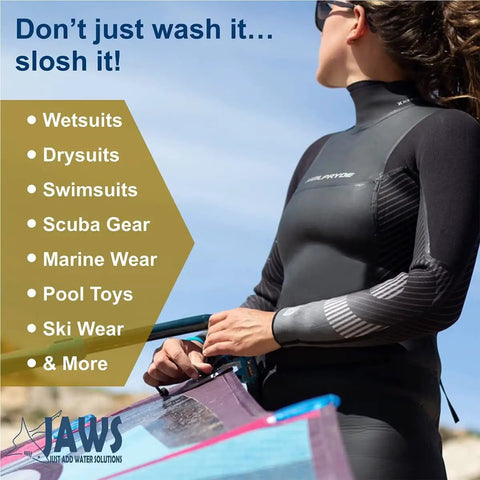 Person in wetsuit with Slosh Wetsuit Cleaner And Conditioner For Water Sports Gear, Naturally Green Formula visible in text