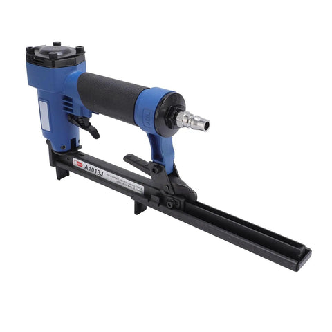Rock Hard Pneumatic Brad Nailer Tool With Tough Aluminum Body For Lightning Fast Trim And Carpentry Projects, side view showing adjustable air connector.