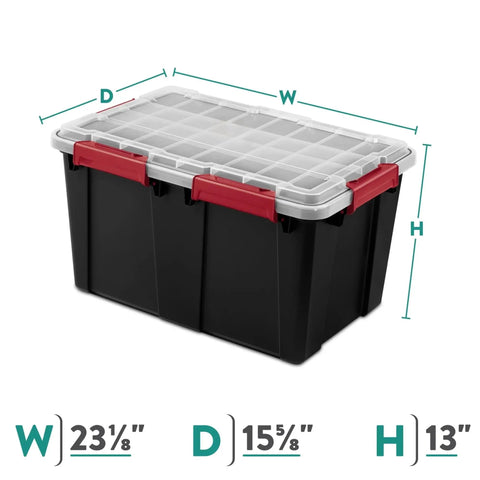 Two Pack Heavy Duty Plastic Storage Bins Thirteen Point Five Gallon Gasket Totes With Airtight Silicone Seals Rock Solid For Garage Basement Or Attic showing dimensions and tough construction.
