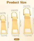 Six Piece Gold Zipper Pull Replacement Set In Gold Zinc Alloy for luggage backpacks jackets with three sizes shown