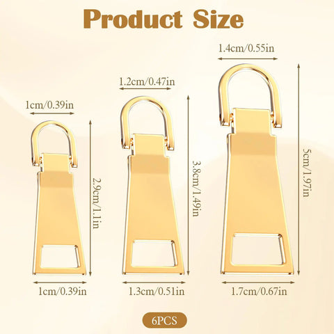 Six Piece Gold Zipper Pull Replacement Set In Gold Zinc Alloy for luggage backpacks jackets with three sizes shown
