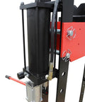 Heavy Duty 30 Ton Air Hydraulic Shop Press With Rock Solid Adjustable Carriage, showing hydraulic ram and pressure dial detail.