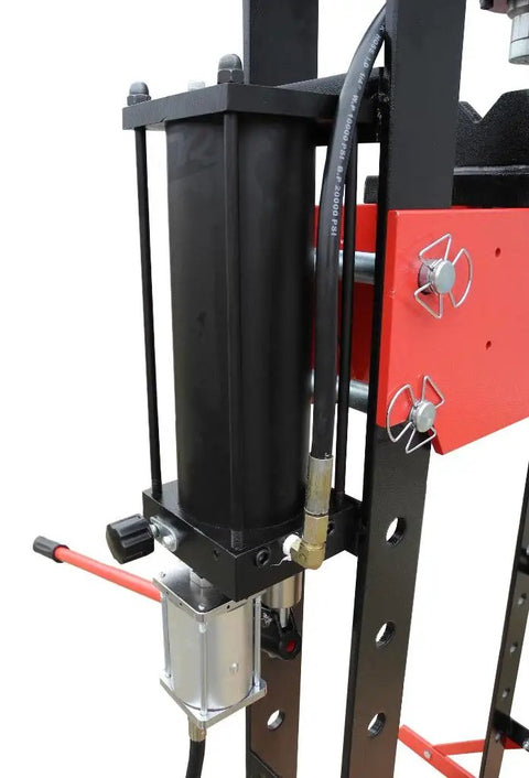 Heavy Duty 30 Ton Air Hydraulic Shop Press With Rock Solid Adjustable Carriage, showing hydraulic ram and pressure dial detail.