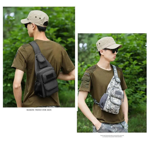 Man wearing versatile sling bag crossbody backpack for men lightweight 20L daypack for hiking travel, two color options depicted