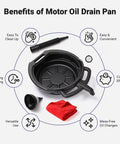 Oil Change Kit With 8 Quart Pan Longneck Funnel And Removable Filter Plus Five Shop Towels benefits illustrated in image.