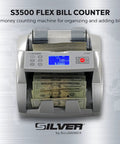 Workhorse Cash Counter With Counterfeit Detection UV MG IR DD DBL HLF CHN, Sorts Bills By Denomination, showing bill slot and digital display.