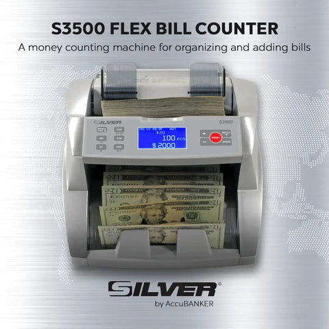Workhorse Cash Counter With Counterfeit Detection UV MG IR DD DBL HLF CHN, Sorts Bills By Denomination, showing bill slot and digital display.