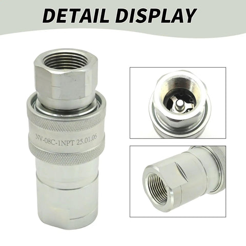 Heavy Duty 1 Inch ISO 5675 Hydraulic Quick Connect Coupler Set With Pioneer Style 1 Inch NPT Thread Poppet Valve Ball Seat Valve Options 66 GPM Compatible With Tractors And Farm Equipment, showing detailed component views.