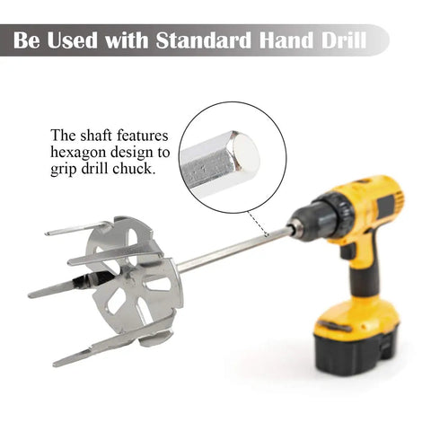 KAMaster 304 Stainless Steel Pork Puller Drill Attachment For Meat Shredding and BBQ Smoking mounted on standard drill, hex shaft detail.