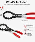 Exhaust Pipe Cutter For Three Quarters To Three And A Quarter Inch Tubing, One-Handed Chain Tailpipe Cutter For On-Vehicle Repairs, Heavy-Duty Cutting Tool For Mufflers, PVC And Copper Pipes In Tight Or Cramped Spaces, shown with red handles