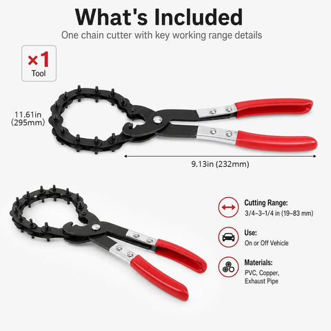 Exhaust Pipe Cutter For Three Quarters To Three And A Quarter Inch Tubing, One-Handed Chain Tailpipe Cutter For On-Vehicle Repairs, Heavy-Duty Cutting Tool For Mufflers, PVC And Copper Pipes In Tight Or Cramped Spaces, shown with red handles